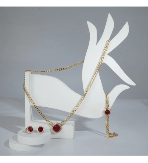 Women's Stainless Steel Red Color Golden Chain Western Combo Jewelry (Gold Plated)