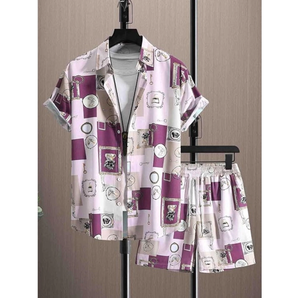 Generic Men's Lycra Printed Half Sleeve Shirt and Shorts Set (Wine)