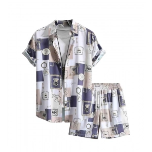 Generic Men's Lycra Printed Half Sleeve Shirt and Shorts Set (Purple)