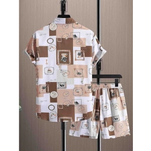 Generic Men's Lycra Printed Half Sleeve Shirt and Shorts Set (Cream)