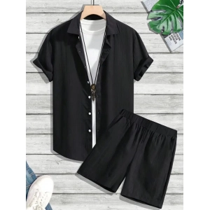 Generic Men's Popcon Striped Half Sleeve Shirt and Shorts Set (Black)