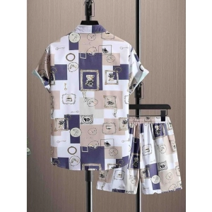 Generic Men's Lycra Printed Half Sleeve Shirt and Shorts Set (Purple)