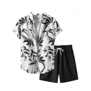 Generic Men's Lycra Printed Half Sleeve Shirt and Shorts Set (White Black)