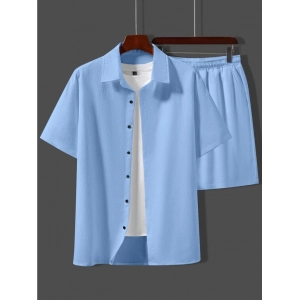 Generic Men's Popcon Solid Half Sleeve Shirt and Shorts Set (Sky Blue)