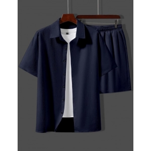 Generic Men's Popcon Solid Half Sleeve Shirt and Shorts Set (Dark Blue)