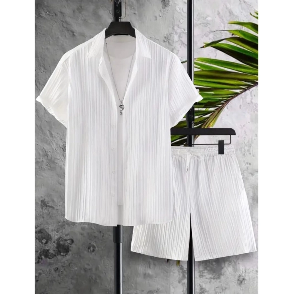 Generic Men's Popcon Striped Half Sleeve Shirt and Shorts Set (White)