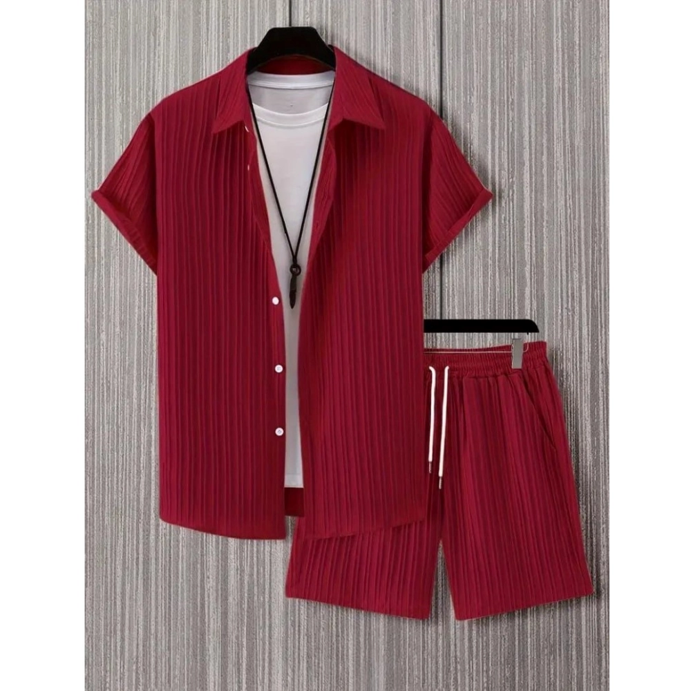Generic Men's Popcon Striped Half Sleeve Shirt and Shorts Set (Maroon)