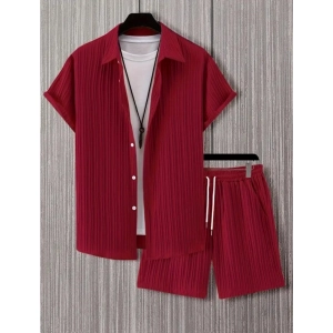 Generic Men's Popcon Striped Half Sleeve Shirt and Shorts Set (Maroon)