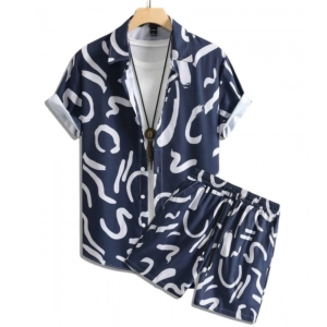Generic Men's Lycra Printed Half Sleeve Shirt and Shorts Set (Blue)