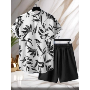 Generic Men's Lycra Printed Half Sleeve Shirt and Shorts Set (White Black)