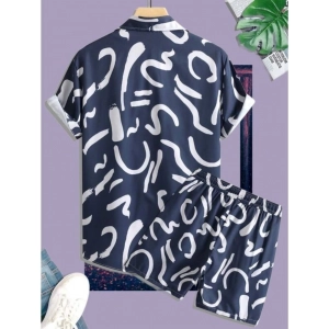 Generic Men's Lycra Printed Half Sleeve Shirt and Shorts Set (Blue)