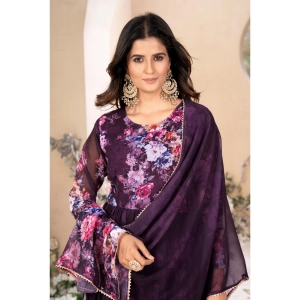 Generic Women's Georgette Printed 3/4th Sleeve Kurti With Pant And Dupatta Set (Wine)