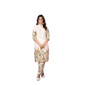 Generic Women's Cotton Printed 3/4th Sleeve Kurti With Pant (Cream )