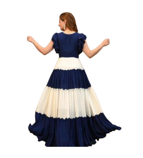 Women's Georgette Solid Half Sleeve Gown (Blue-White)