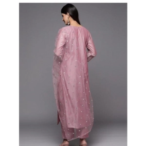 Generic Women's Chanderi Embroidered 3/4th Sleeve Kurti With Pant And Dupatta Set (Pink)
