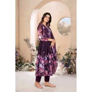 Generic Women's Georgette Printed 3/4th Sleeve Kurti With Pant And Dupatta Set (Wine)