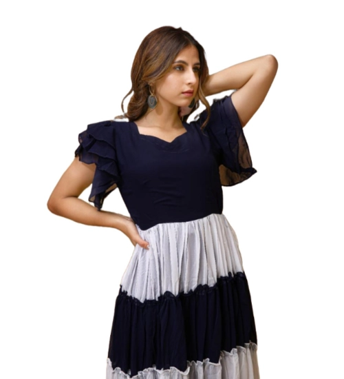 Women's Georgette Solid Half Sleeve Gown (Blue-White)