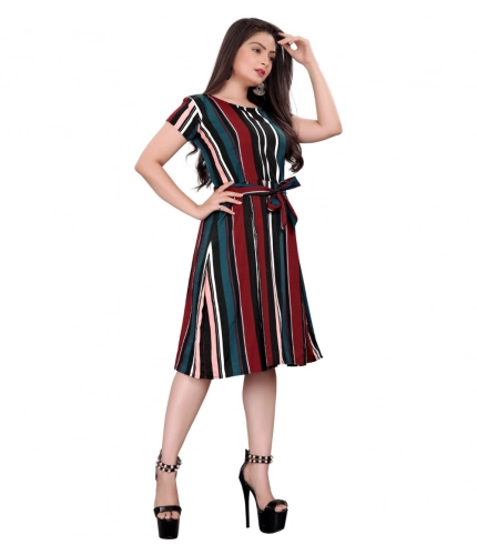 Women's Crep Striped Short Sleeve Dress (Red-Blue )