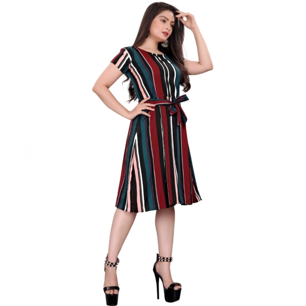 Dropship Women's Crep Striped Short Sleeve Dress (Red-Blue )