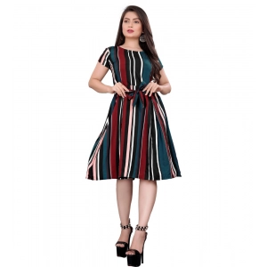 Generic Women's Crep Striped Short Sleeve Dress (Red-Blue )