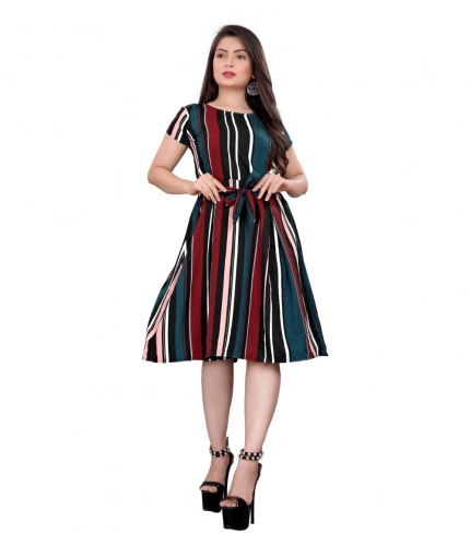 Women's Crep Striped Short Sleeve Dress (Red-Blue )