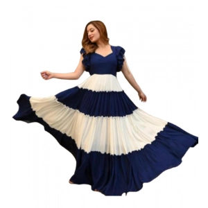 Generic Women's Georgette Solid Half Sleeve Gown (Blue-White)