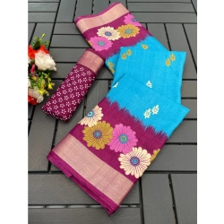 Women's Cotton Blend Printed Saree With Unstitched Blouse (Light Blue, 5-5 Mtrs)