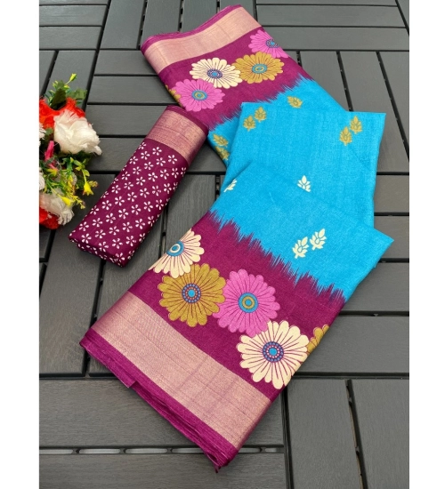 Women's Cotton Blend Printed Saree With Unstitched Blouse (Light Blue, 5-5 Mtrs)