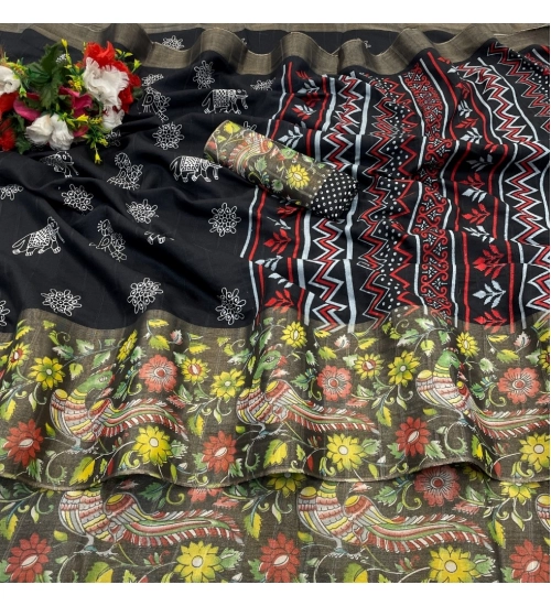 Women's Silk Blend Printed Saree With Unstitched Blouse (Black, 5-5 Mtrs)