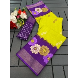 Women's Cotton Blend Printed Saree With Unstitched Blouse (Dark Green, 5-5 Mtrs)