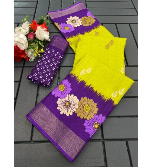 Women's Cotton Blend Printed Saree With Unstitched Blouse (Dark Green, 5-5 Mtrs)