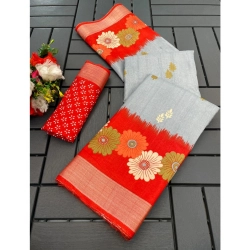 Women's Cotton Blend Printed Saree With Unstitched Blouse (Grey, 5-5 Mtrs)