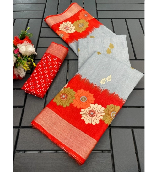 Women's Cotton Blend Printed Saree With Unstitched Blouse (Grey, 5-5 Mtrs)