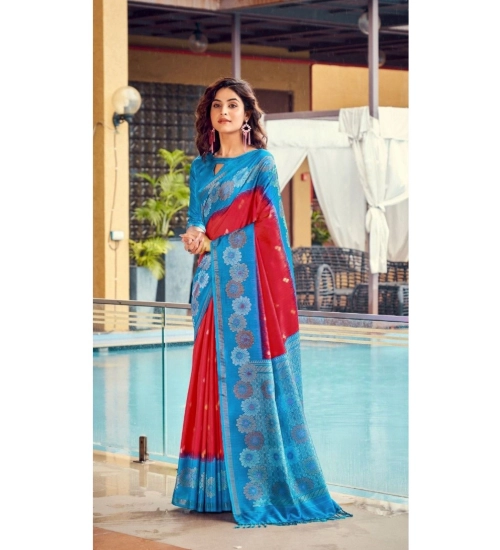 Women's Cotton Blend Printed Saree With Unstitched Blouse (Red, 5-5 Mtrs)