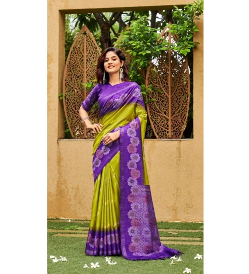 Women's Cotton Blend Printed Saree With Unstitched Blouse (Dark Green, 5-5 Mtrs)