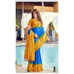 Women's Cotton Blend Printed Saree With Unstitched Blouse (Blue, 5-5 Mtrs)