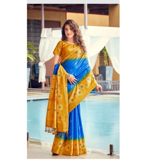 Women's Cotton Blend Printed Saree With Unstitched Blouse (Blue, 5-5 Mtrs)