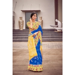 Women's Cotton Blend Printed Saree With Unstitched Blouse (Blue, 5-5 Mtrs)
