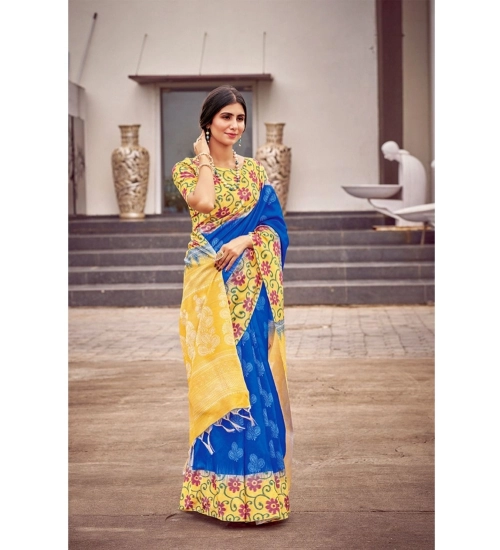 Women's Cotton Blend Printed Saree With Unstitched Blouse (Blue, 5-5 Mtrs)
