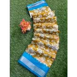 Women's linen Printed Saree With Unstitched Blouse (Yellow, 5-5 Mtrs)