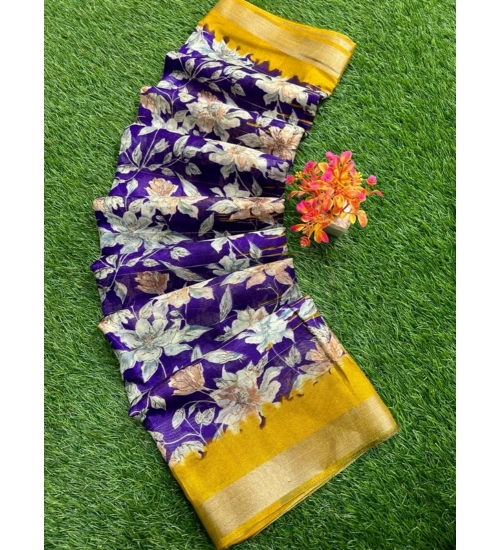 Women's linen Printed Saree With Unstitched Blouse (Purple, 5-5 Mtrs)