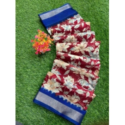 Women's linen Printed Saree With Unstitched Blouse (Red, 5-5 Mtrs)