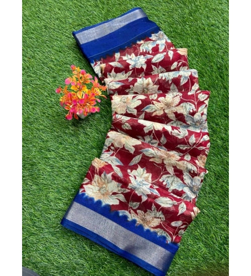 Women's linen Printed Saree With Unstitched Blouse (Red, 5-5 Mtrs)