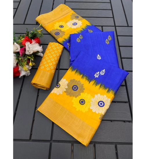 Women's Cotton Blend Printed Saree With Unstitched Blouse (Blue, 5-5 Mtrs)