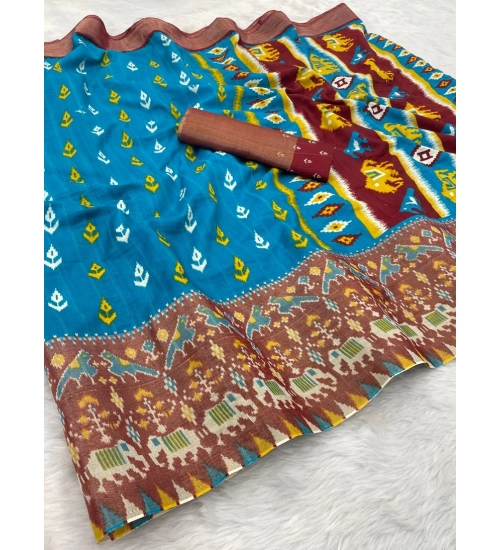 Women's Silk Blend Printed Saree With Unstitched Blouse (Light Blue, 5-5 Mtrs)