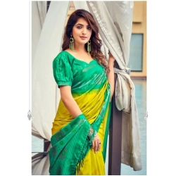 Women's Cotton Blend Printed Saree With Unstitched Blouse (Yellow, 5-5 Mtrs)