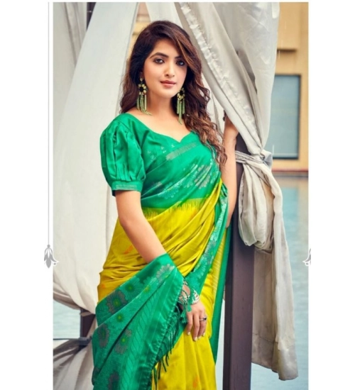 Women's Cotton Blend Printed Saree With Unstitched Blouse (Yellow, 5-5 Mtrs)