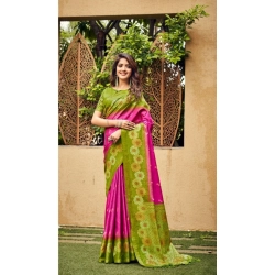 Women's Cotton Blend Printed Saree With Unstitched Blouse (Pink, 5-5 Mtrs)