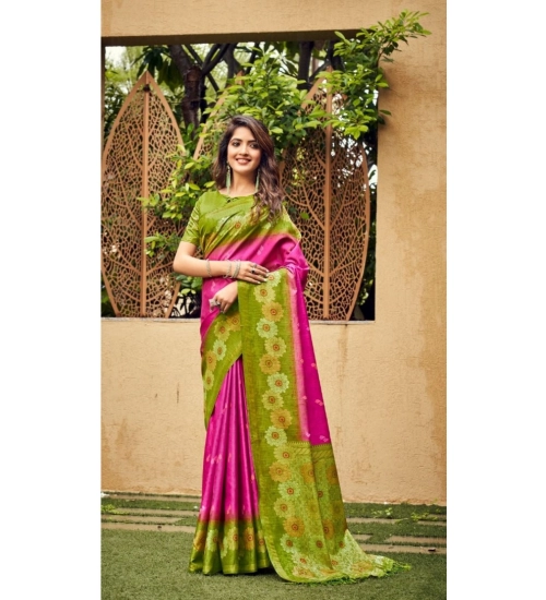 Women's Cotton Blend Printed Saree With Unstitched Blouse (Pink, 5-5 Mtrs)