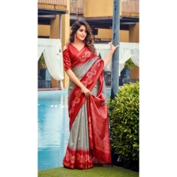 Women's Cotton Blend Printed Saree With Unstitched Blouse (Grey, 5-5 Mtrs)